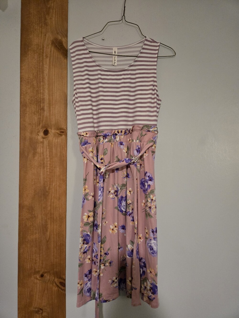 Vanilla Bay Pink Striped & Floral Tie-Waist Midi Dress
